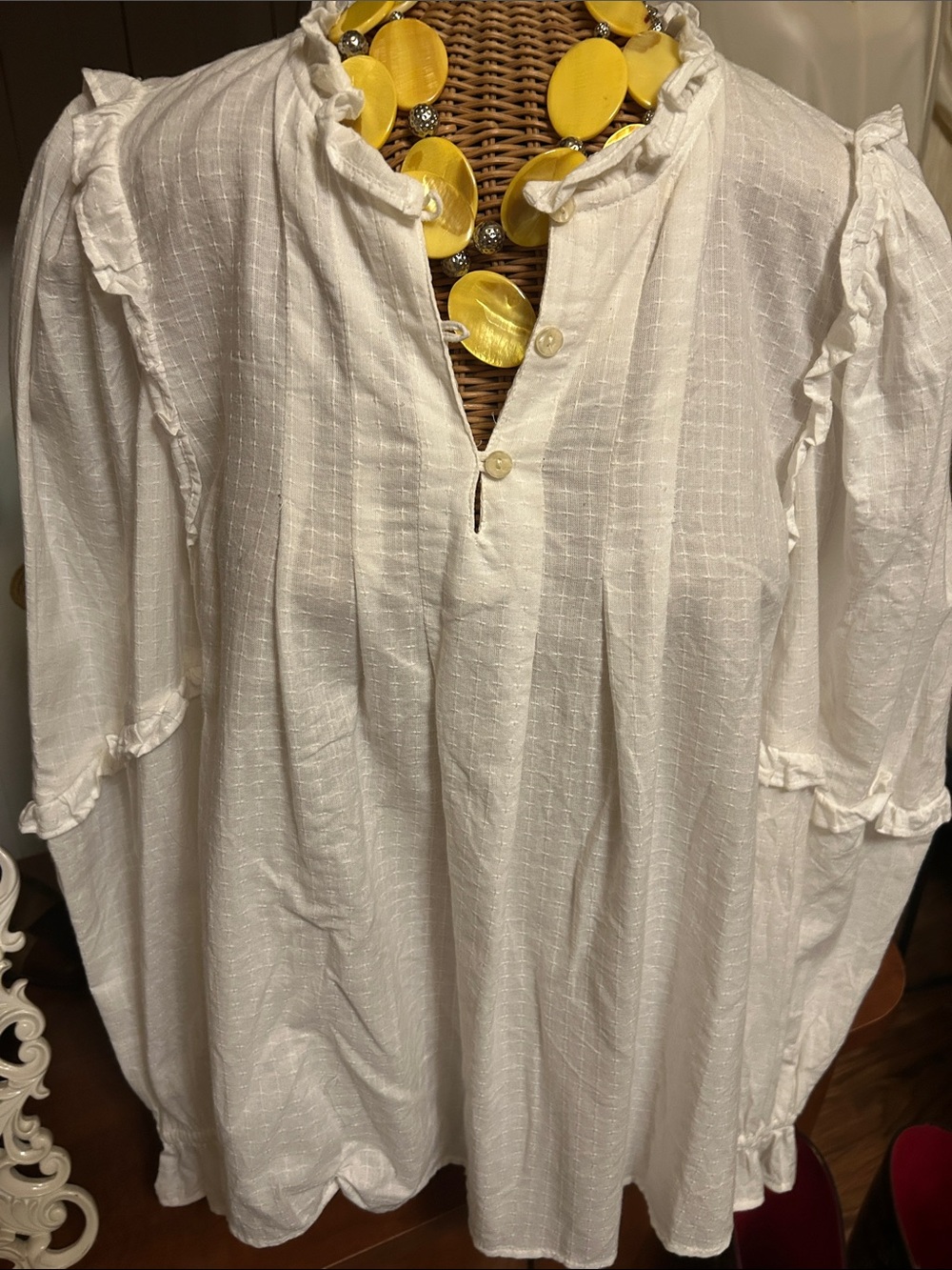 Universal Thread White Textured Top with Ruffle Trim
